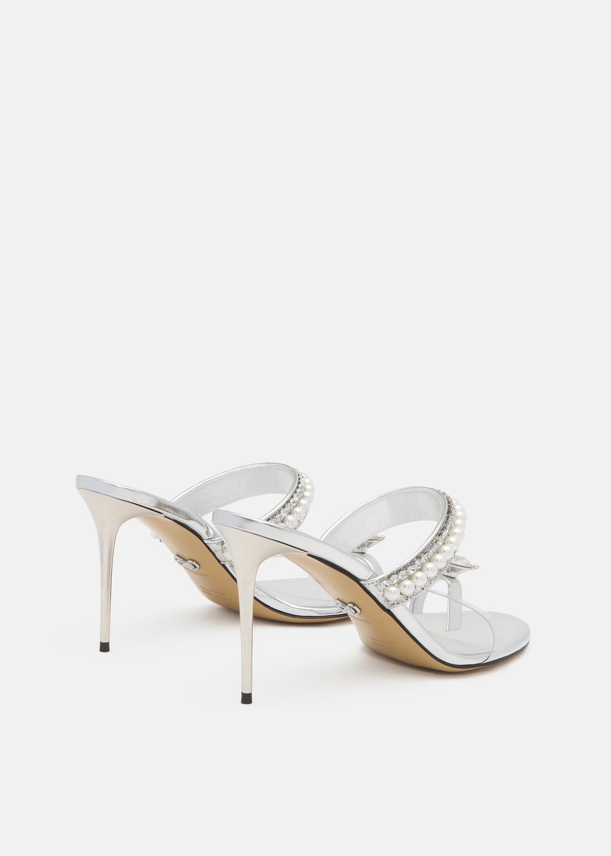 Alessia Silver Crystal Mules – heel view showing crystal, silver, gold, Vowalisse