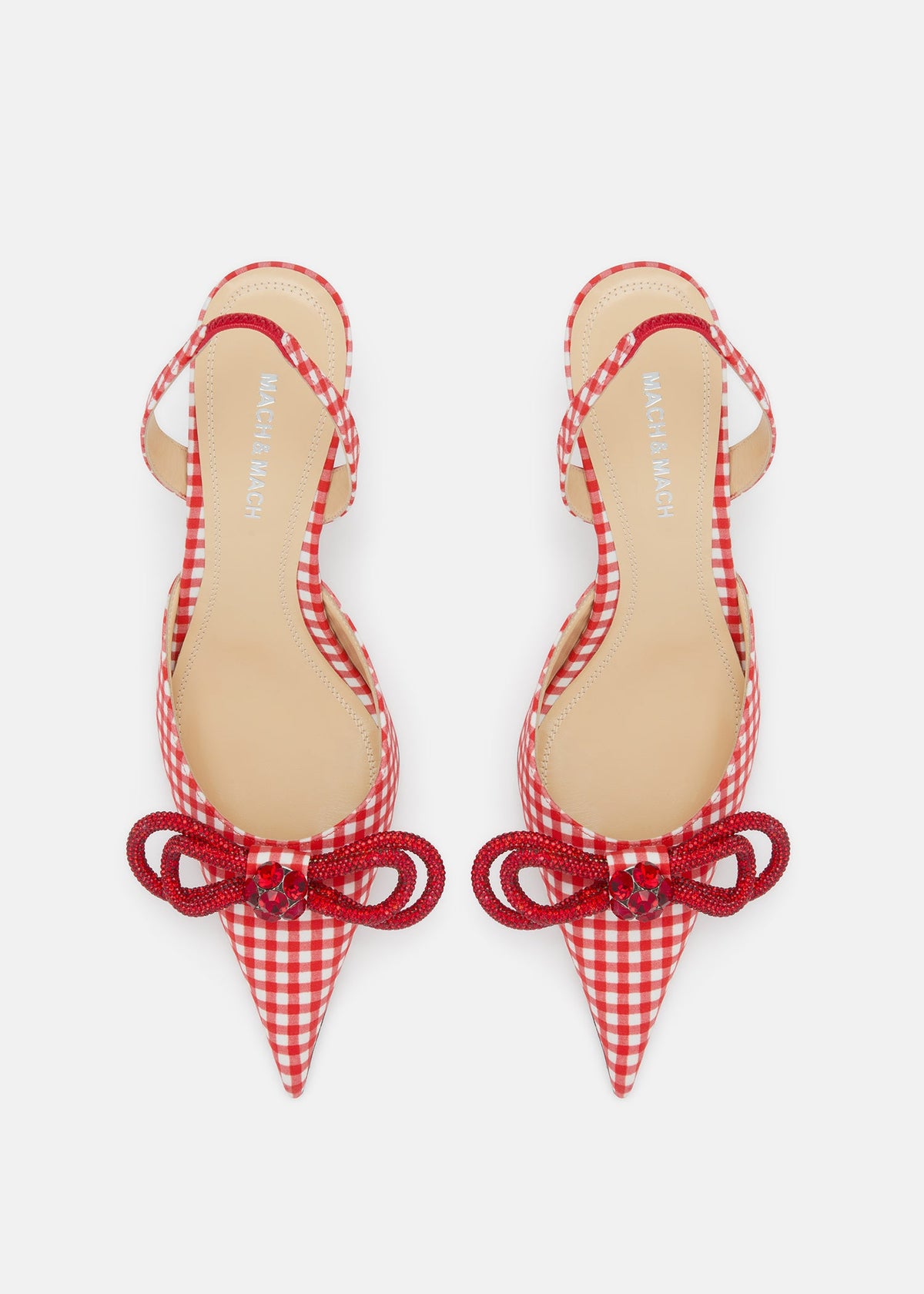 Arabella Red Double Bow Slingbacks – crystal detail view showing double bow, red, Vowalisse