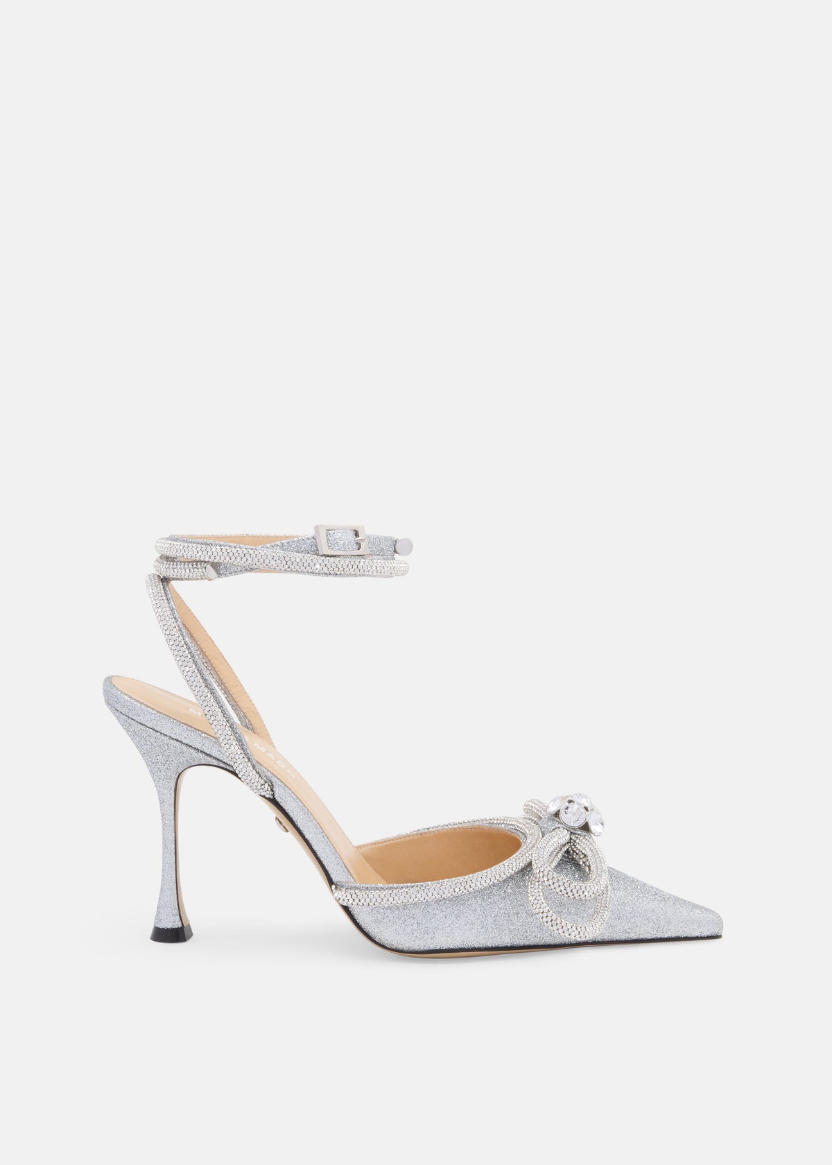 Odette Silver Double Bow Pumps – front three-quarter view showing double bow, crystal, glitter, silver, Vowalisse
