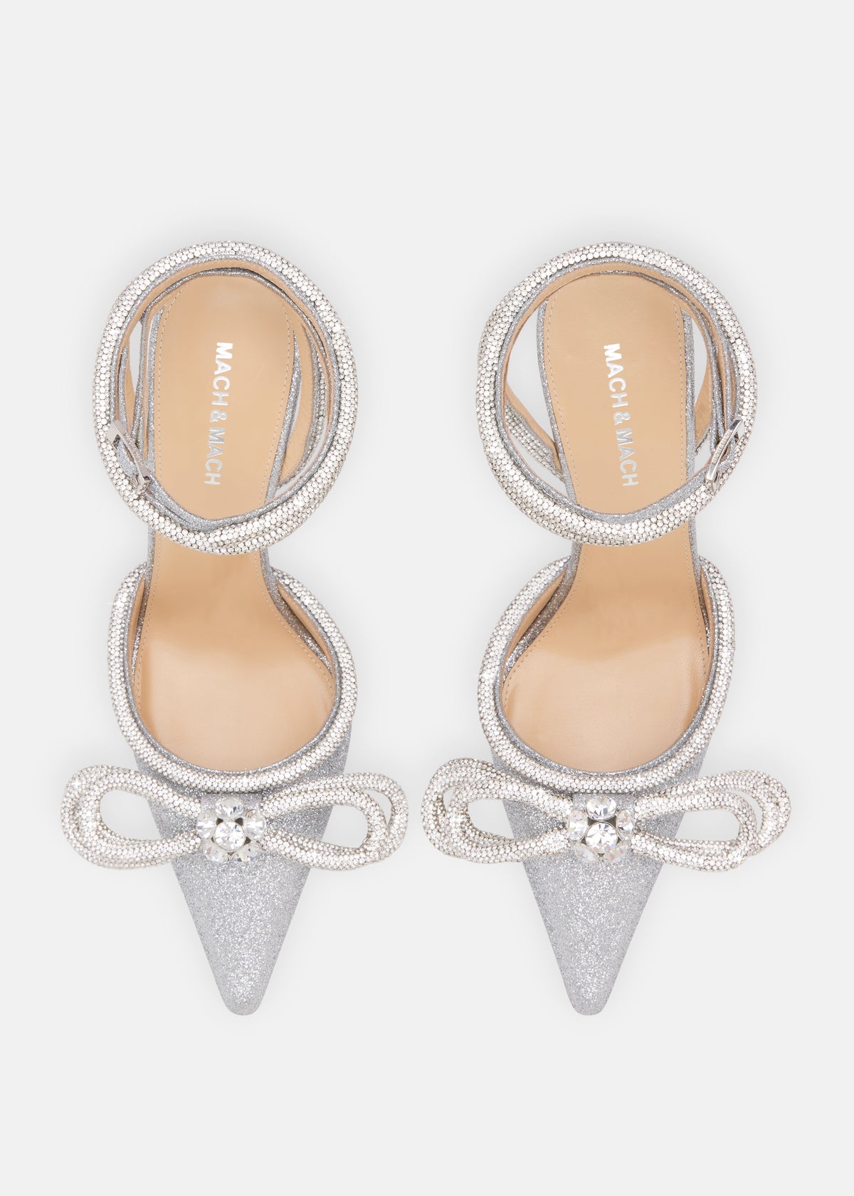 Odette Silver Double Bow Pumps – crystal detail view showing double bow, crystal, glitter, silver, Vowalisse