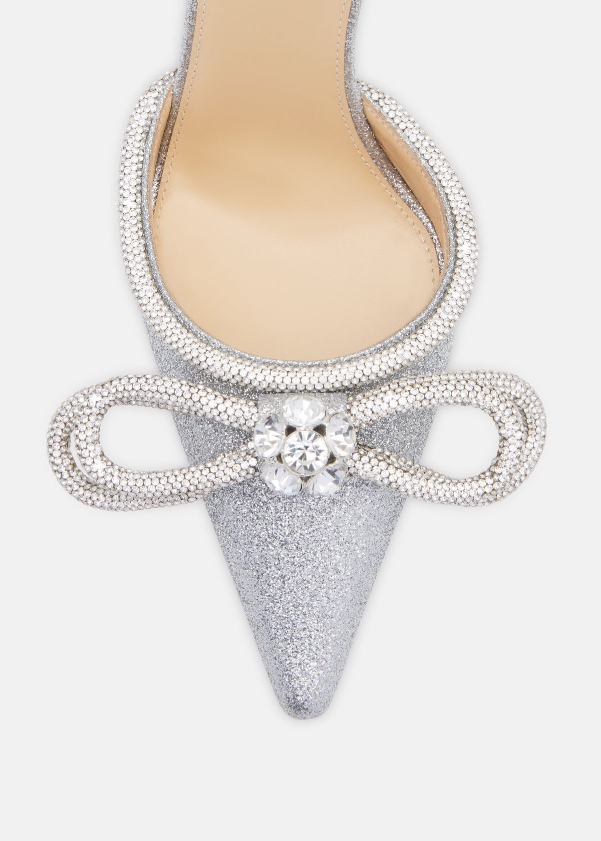 Odette Silver Double Bow Pumps – rear view showing double bow, crystal, glitter, silver, Vowalisse