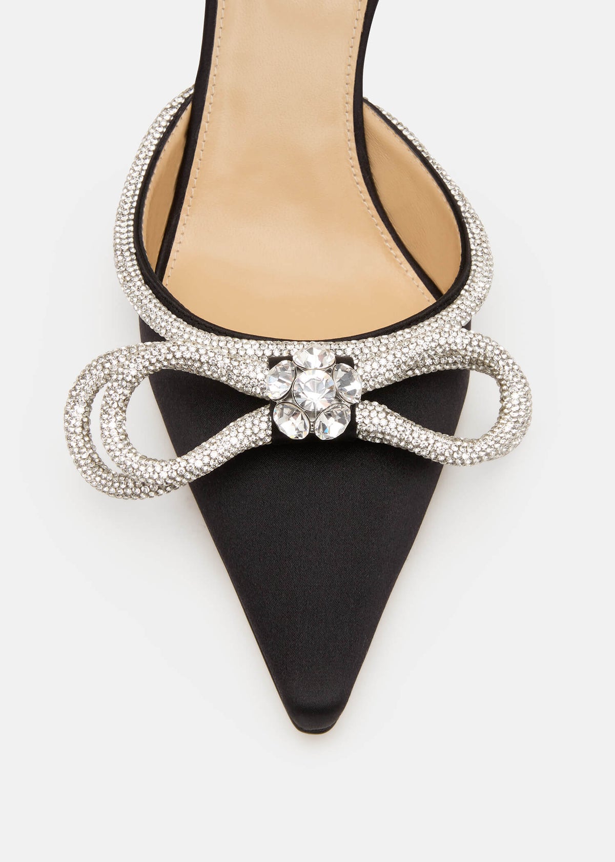 Esme Black Double Bow Pumps – rear view showing double bow, crystal, satin, black, Vowalisse