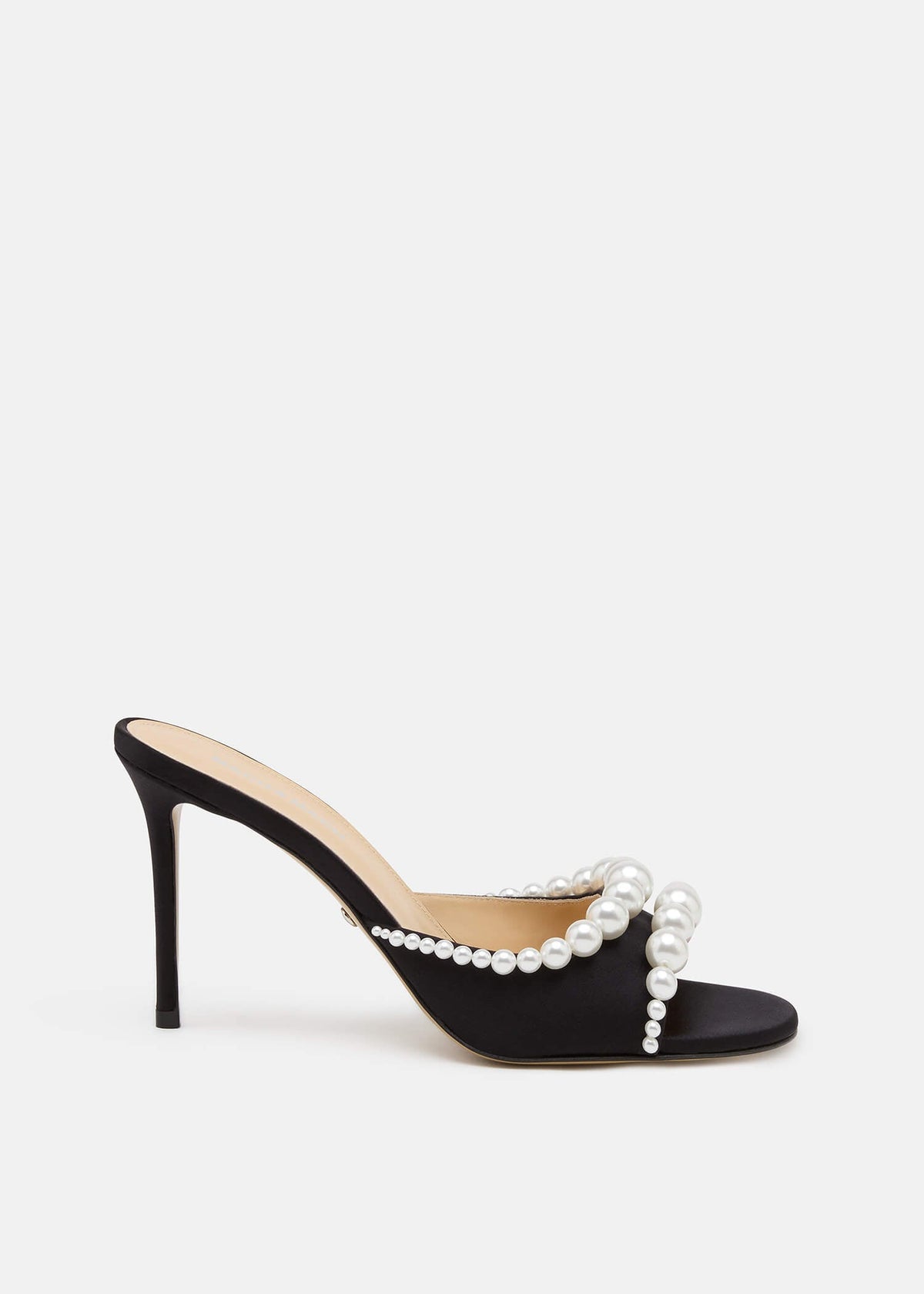 Verena Black Pearl Mules – front three-quarter view showing pearl, satin, black, red, Vowalisse