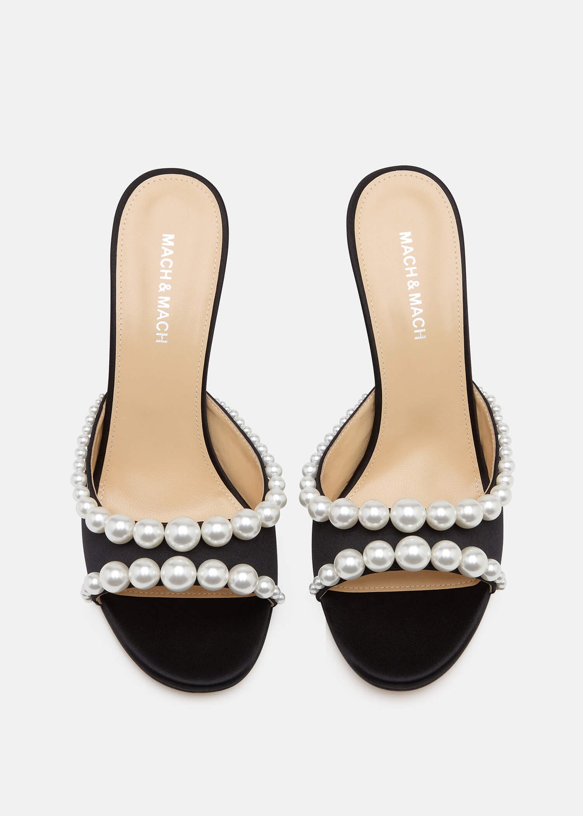 Verena Black Pearl Mules – crystal detail view showing pearl, satin, black, red, Vowalisse