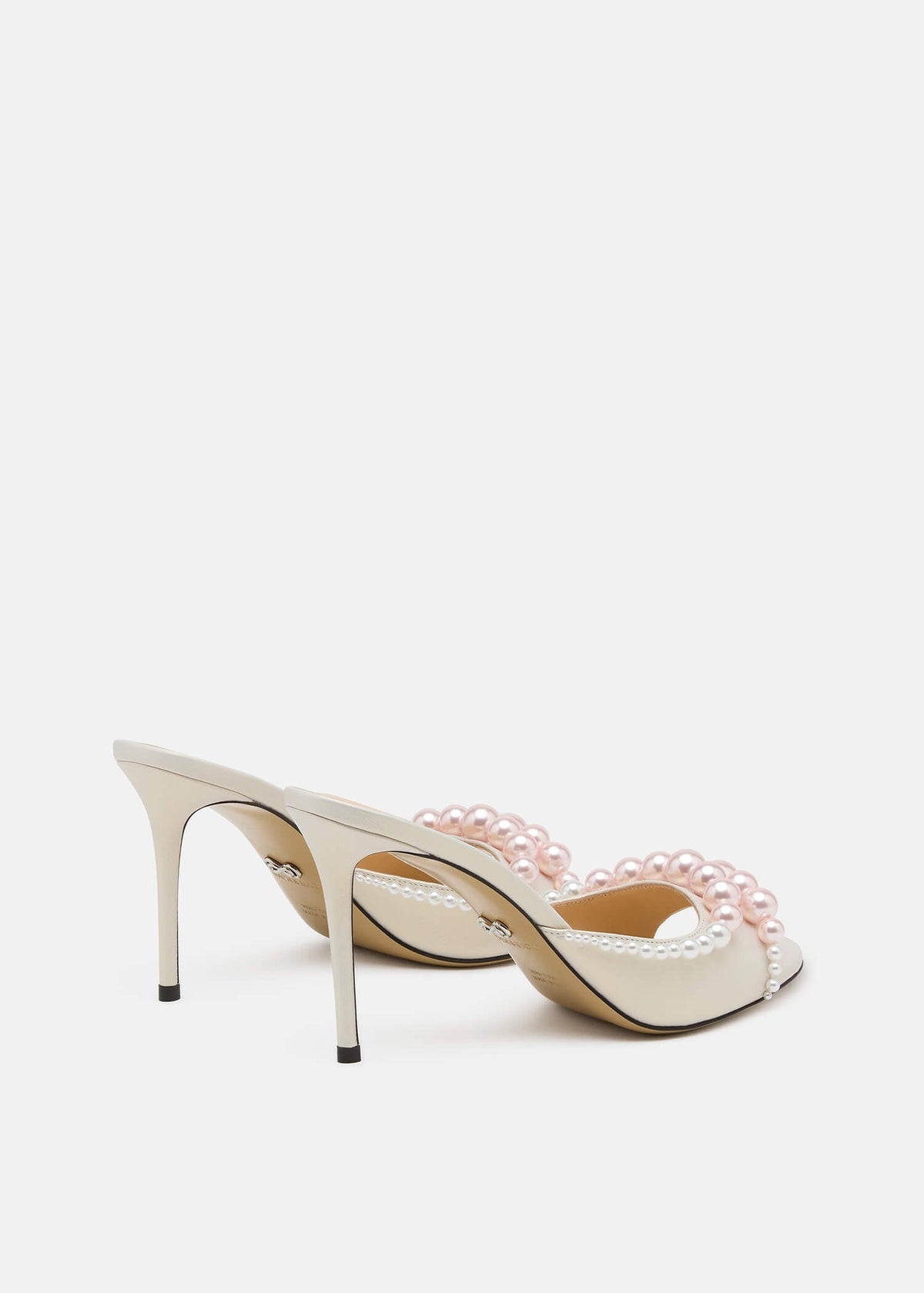 Theodora White Pearl Mules – heel view showing pearl, white, Vowalisse