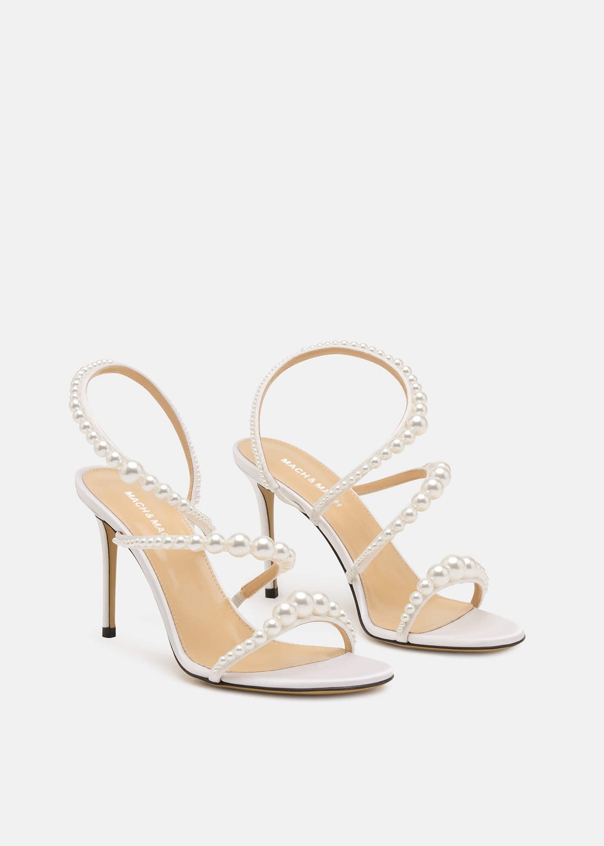 Sabrina White Pearl Sandals – side profile showing pearl, satin, white, red, Vowalisse