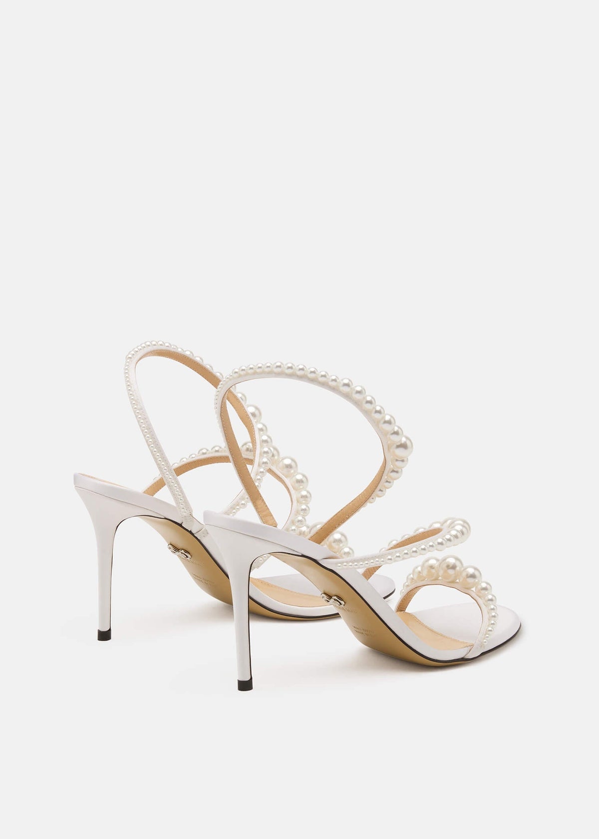 Sabrina White Pearl Sandals – heel view showing pearl, satin, white, red, Vowalisse