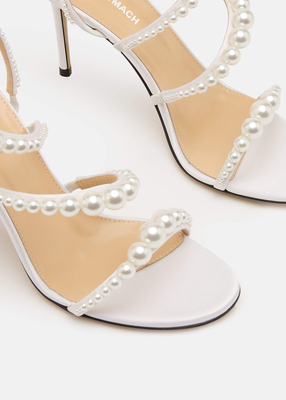 Sabrina White Pearl Sandals – rear view showing pearl, satin, white, red, Vowalisse
