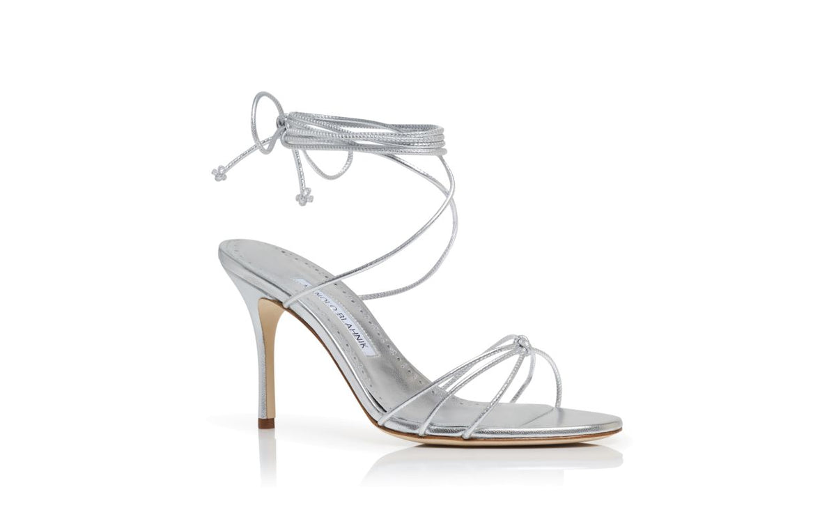 Alessia Rose Silver Ankle Strap Ankle-Strap Shoes – top view showing silver ankle strap, open toe, nappa leather, lace…