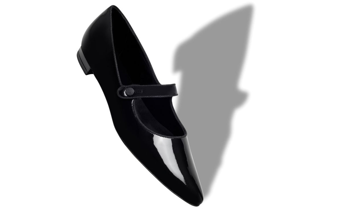 Ophelia Pearl Black Pointed Toe Mary Jane Shoes – front three-quarter view showing black pointed toe, patent leather…