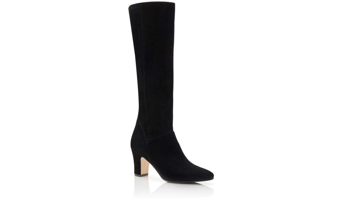 Alessia Dream Black Almond Toe Knee-High Boots – top view showing black almond toe, suede, Vowalisse