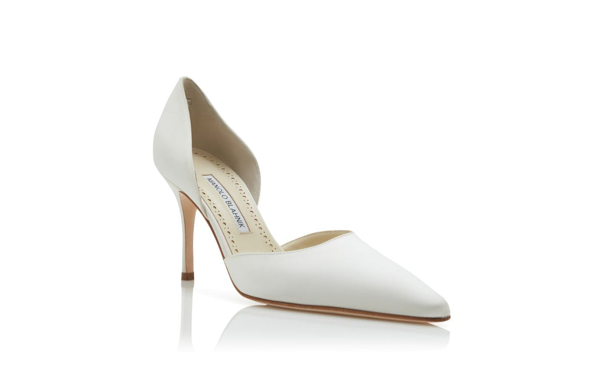 Clarisse Élan White Pointed Toe D’Orsay Pumps – top view showing white pointed toe, satin, Vowalisse