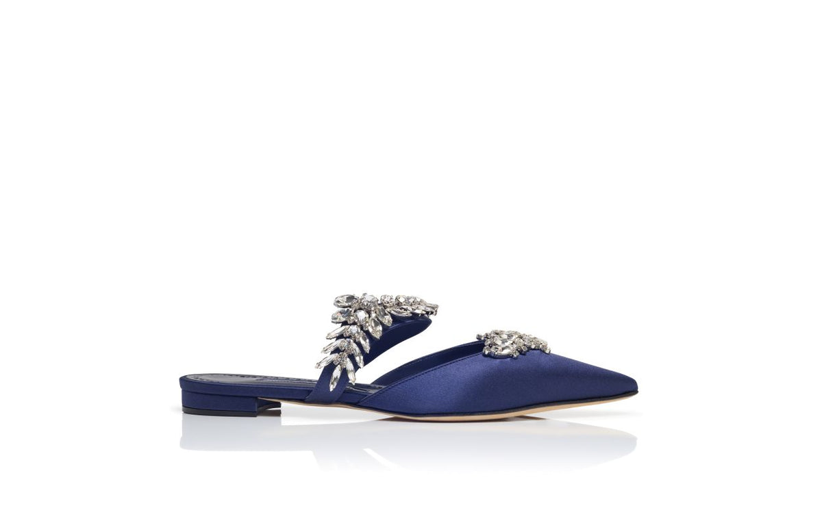 Lunette Shine Blue Crystal Embellished Mules – side profile showing blue crystal embellished, satin, Vowalisse