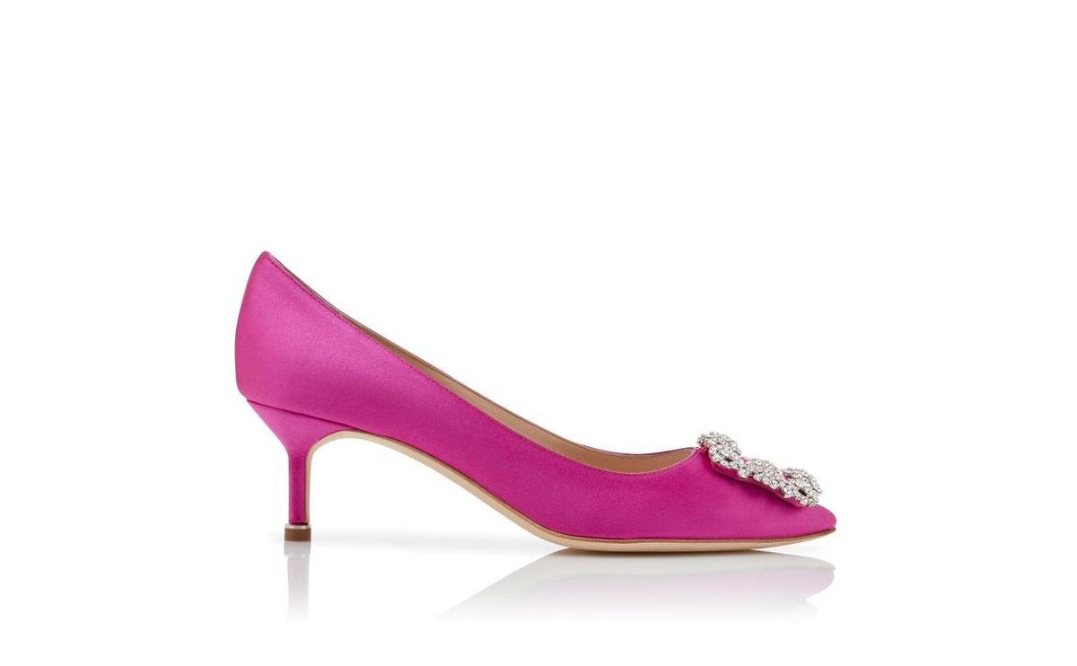 Colette Flame Pink Jewel Buckle Pumps – side profile showing pink jewel buckle, almond toe, satin, Vowalisse