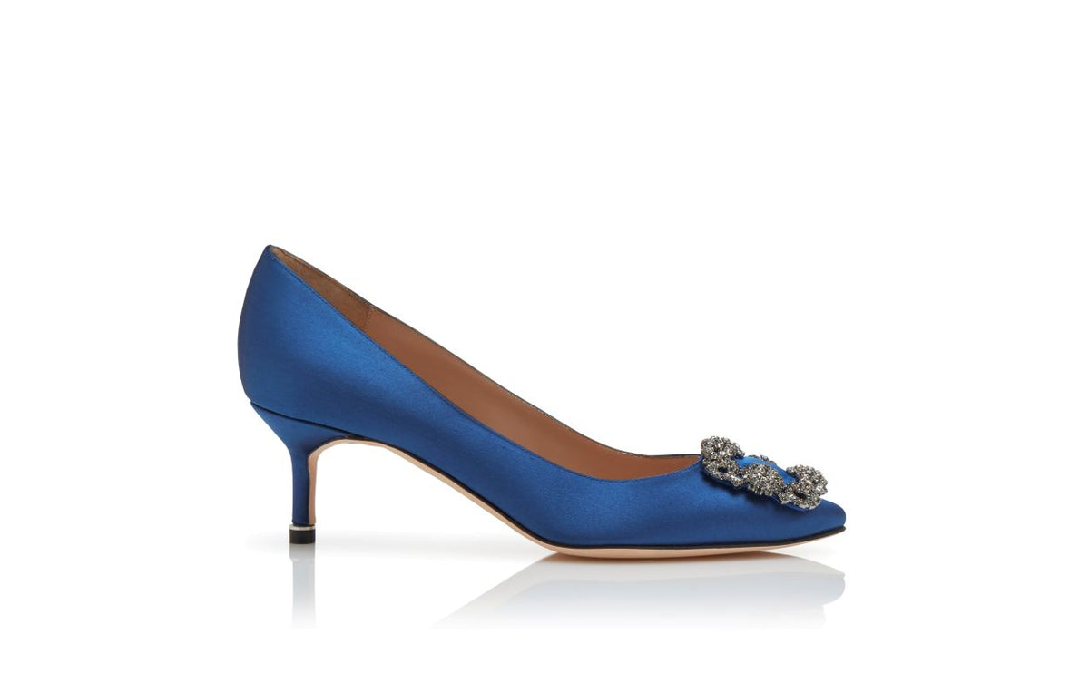 Marcella Dawn Blue Jewel Buckle Pumps – side profile showing blue jewel buckle, crystal buckle, almond toe, satin…