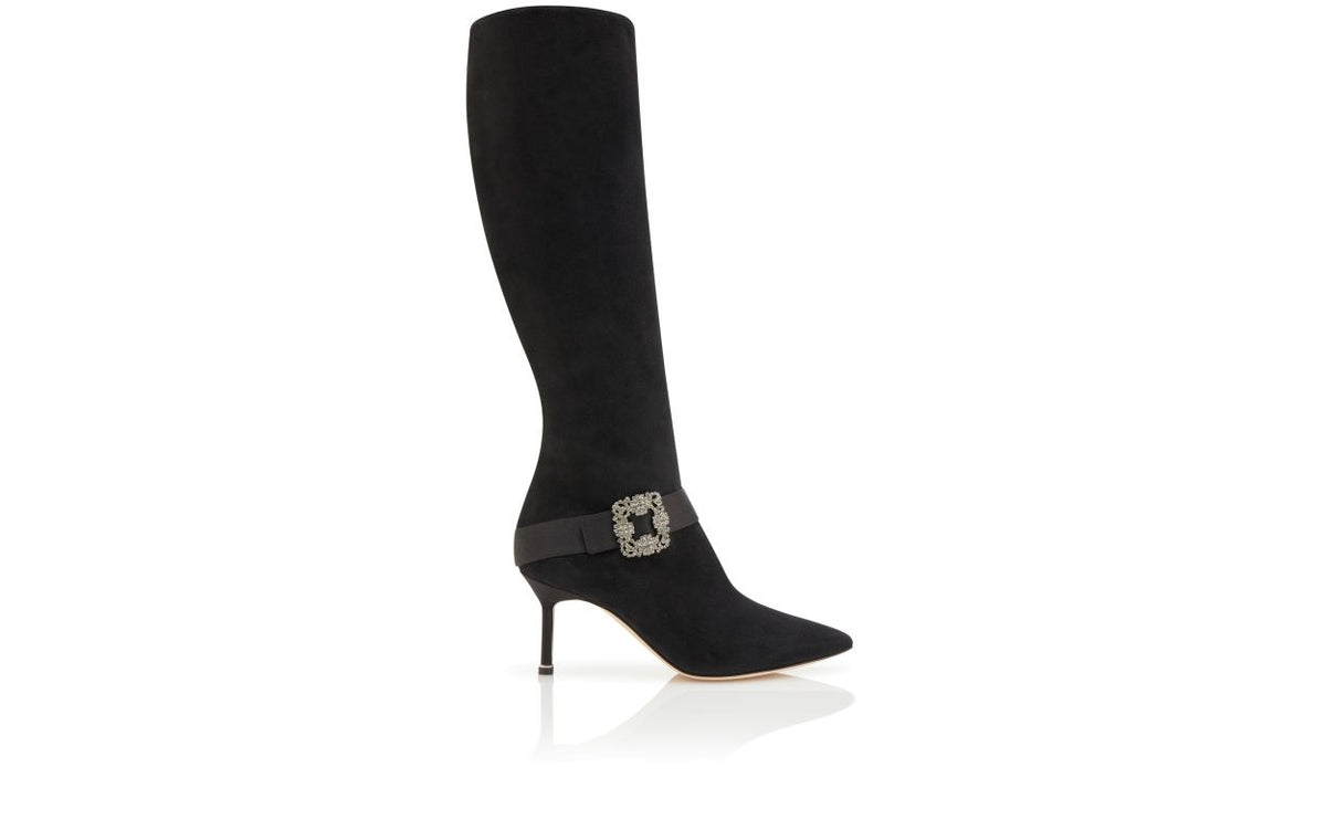 Anastasia Grace Black Jewel Buckle Knee-High Boots – side profile showing black jewel buckle, crystal buckle, pointed toe…