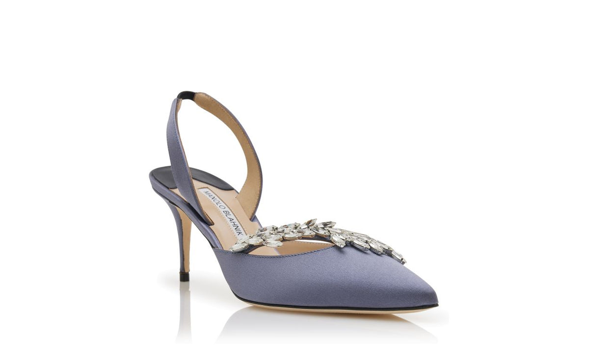 Camellia Muse Blue Jewel Buckle Slingbacks – top view showing blue jewel buckle, slingback, pointed toe, satin, Vowalisse