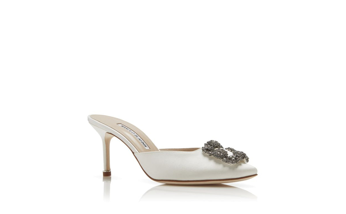 Noelle Dawn White Jewel Buckle Mules – top view showing white jewel buckle, crystal buckle, almond toe, satin, Vowalisse