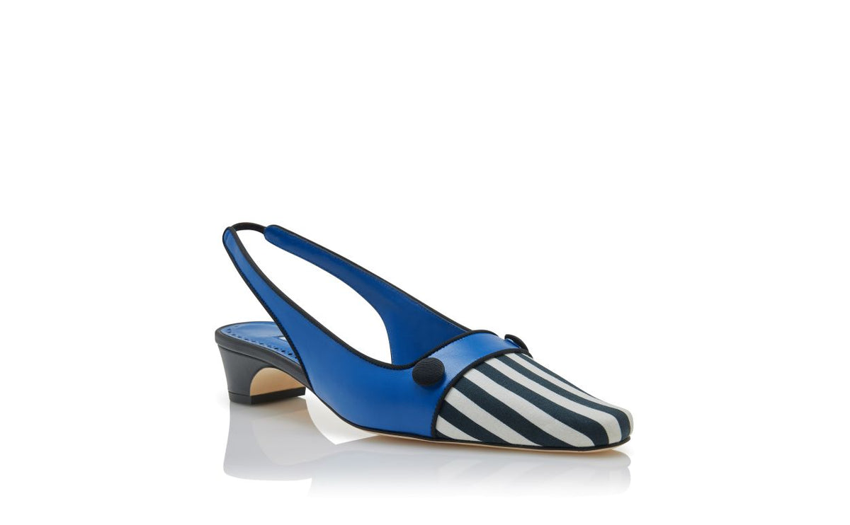 Alessia Pearl Blue Button Detail Slingbacks – top view showing blue button detail, slingback, almond toe, nappa leather…