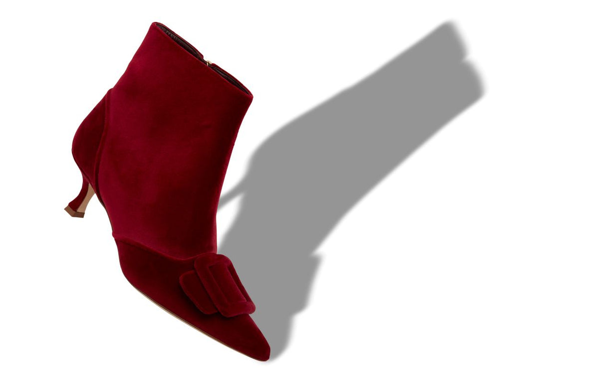 Estelle Jewel Red Pointed Toe Ankle Boots – front three-quarter view showing red pointed toe, velvet, Vowalisse