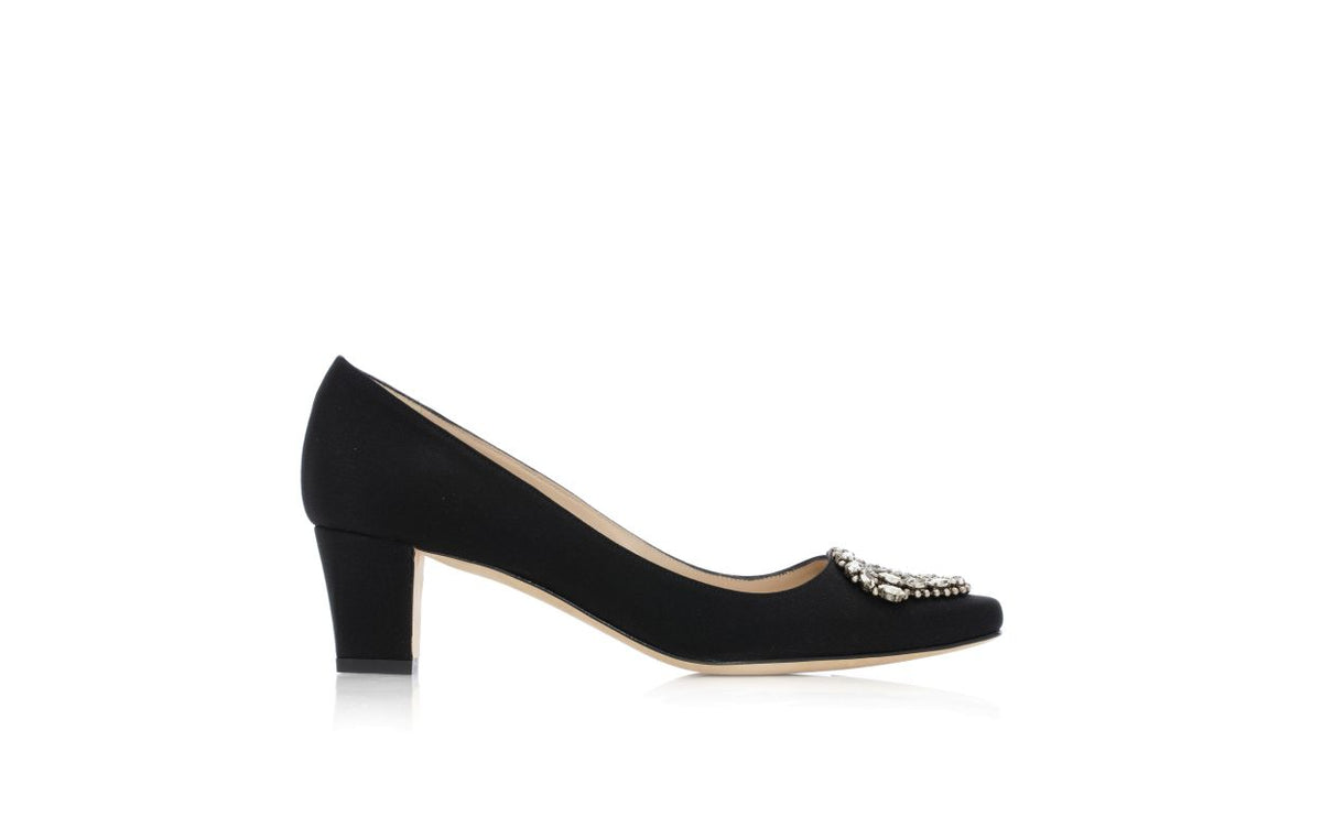 Adriana Dawn Black Jewel Buckle Pumps – side profile showing black jewel buckle, crystal buckle, almond toe, Vowalisse