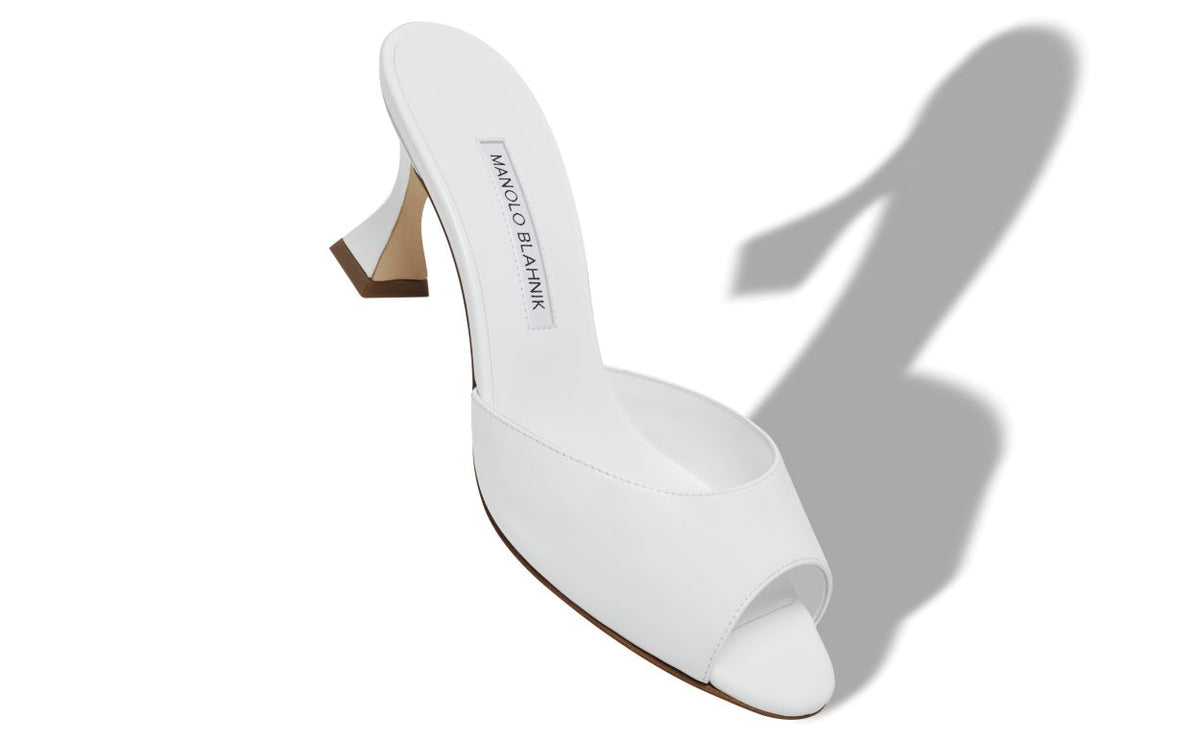 Vivienne Lace White Open Toe Mules – front three-quarter view showing white open toe, patent leather, Vowalisse