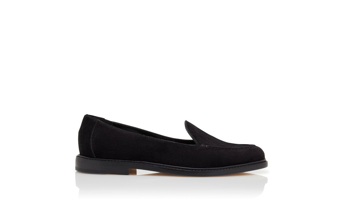 Violetta Halo Black Suede Loafers – side profile showing black suede, Vowalisse