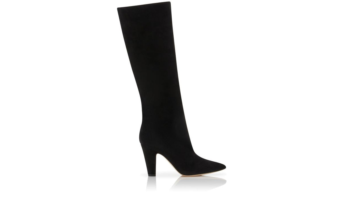Arabella Grace Black Pointed Toe Knee-High Boots – side profile showing black pointed toe, suede, Vowalisse