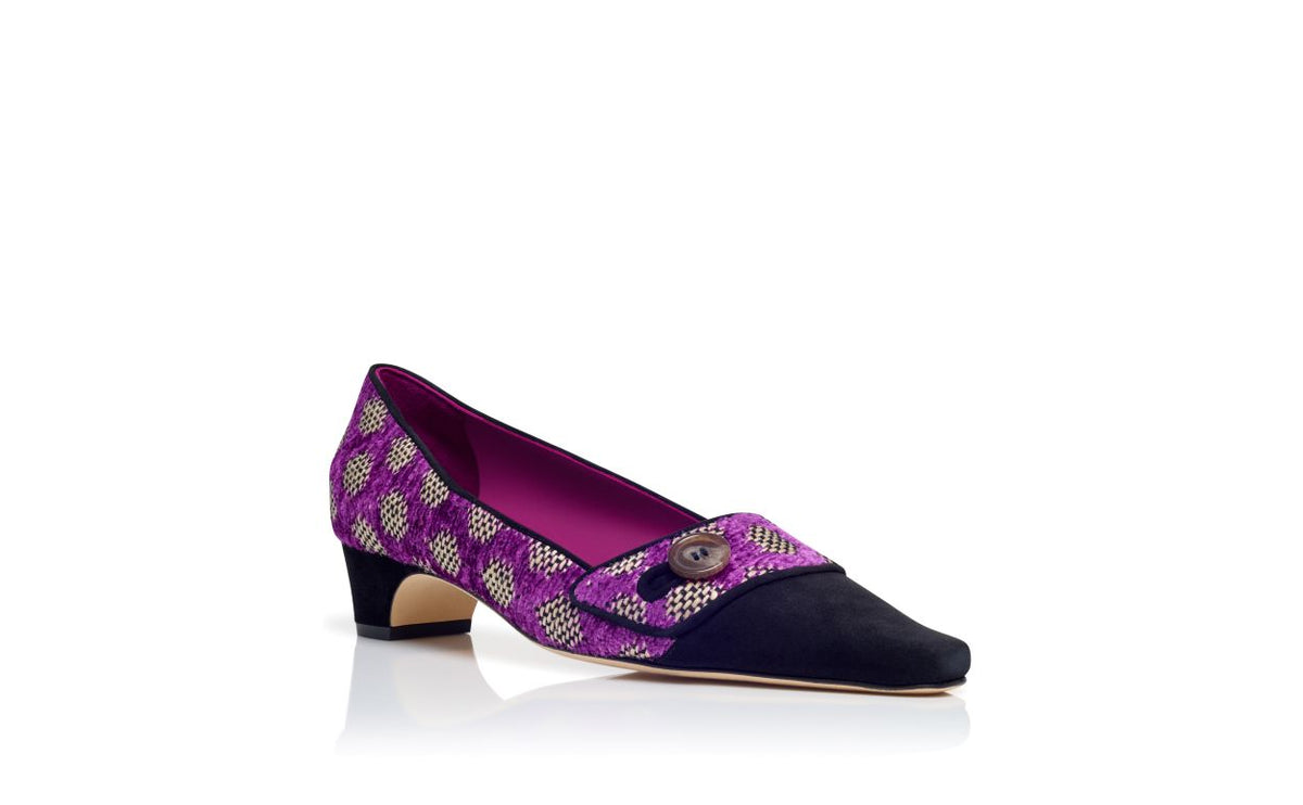 Arabella Shine Purple Almond Toe Pumps – top view showing purple almond toe, suede, raffia, Vowalisse