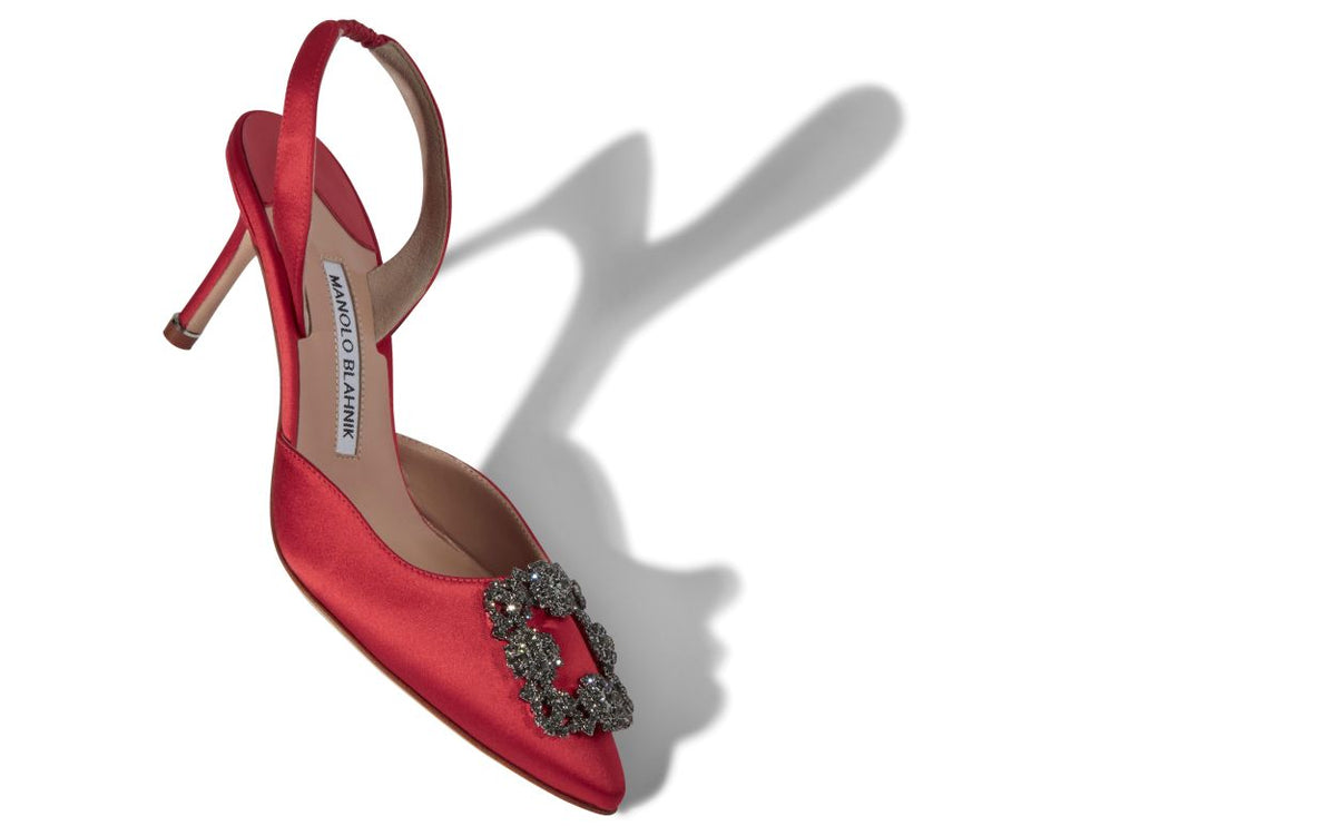 Amelie Crown Red Jewel Buckle Slingbacks – front three-quarter view showing red jewel buckle, crystal buckle, ankle strap…