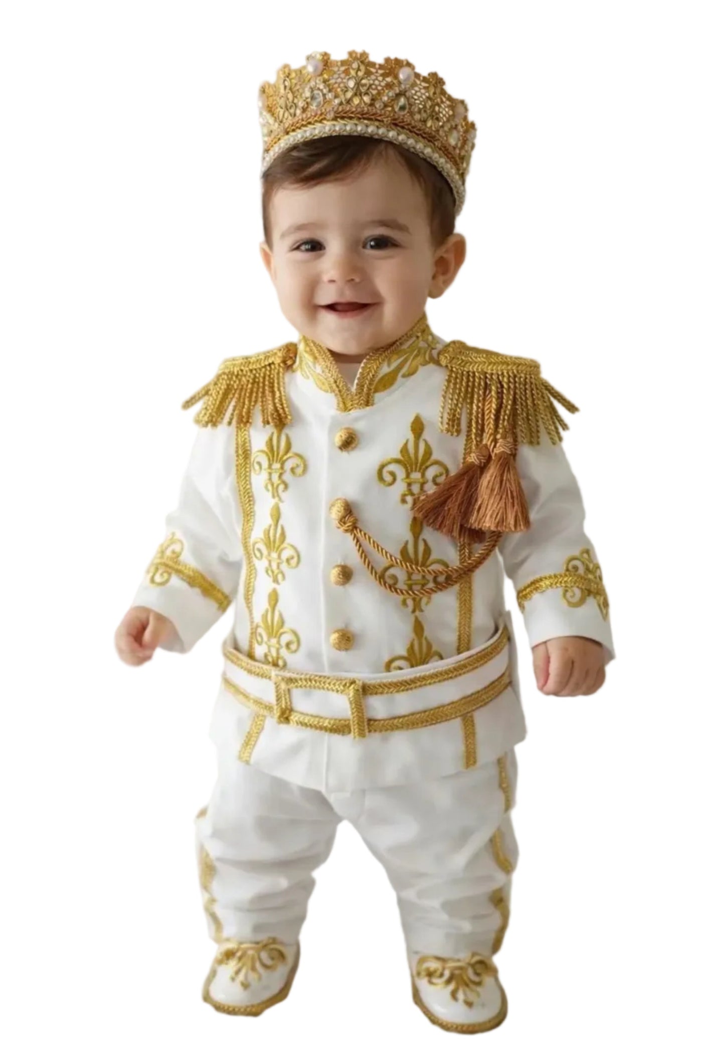 Boys White & Gold Personalized Baby Prince Costume, baby boy first birthday outfit, main product image by Vowalisse