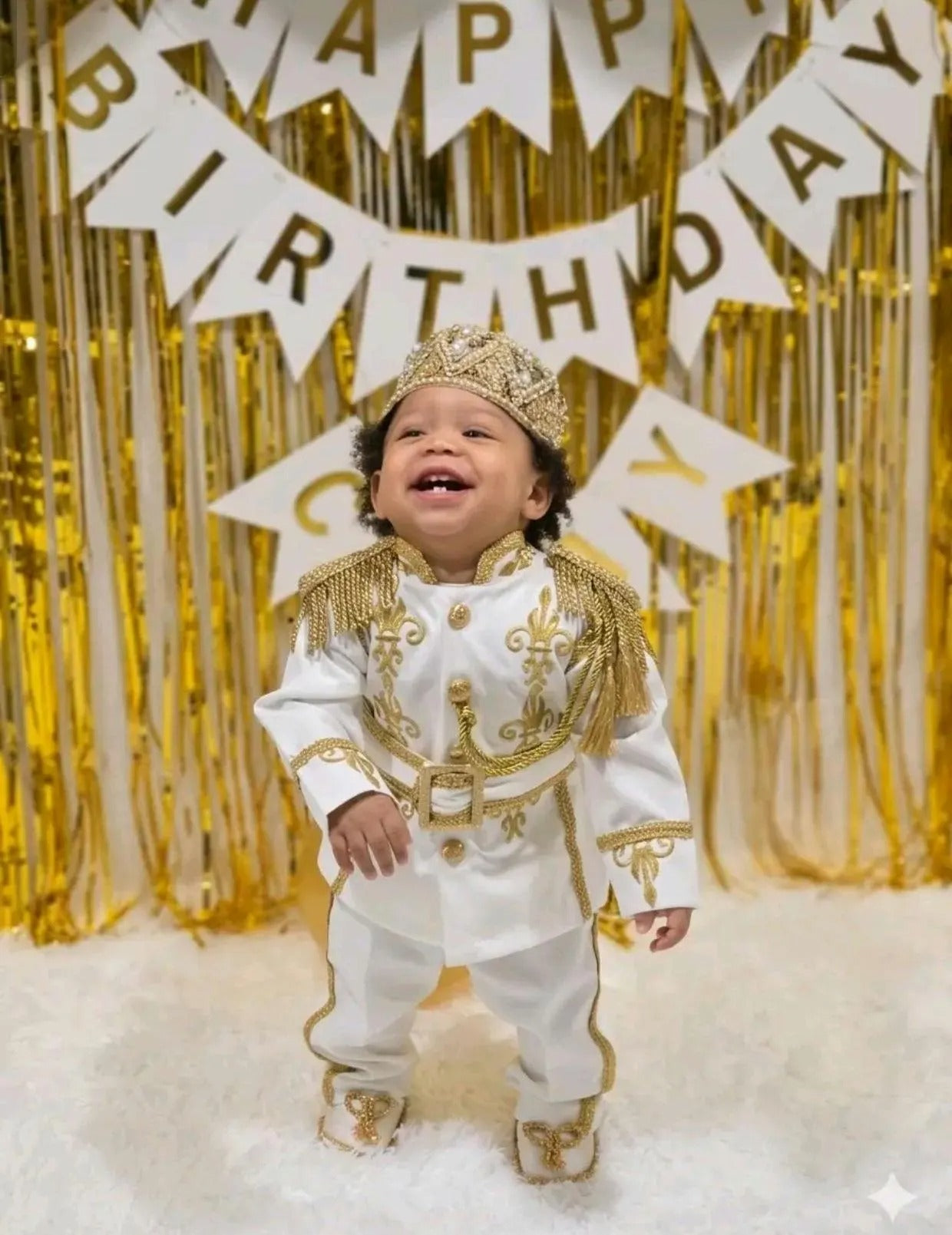 Boys White & Gold Personalized Baby Prince Costume, baby boy first birthday outfit, additional product image 2 by Vowalisse