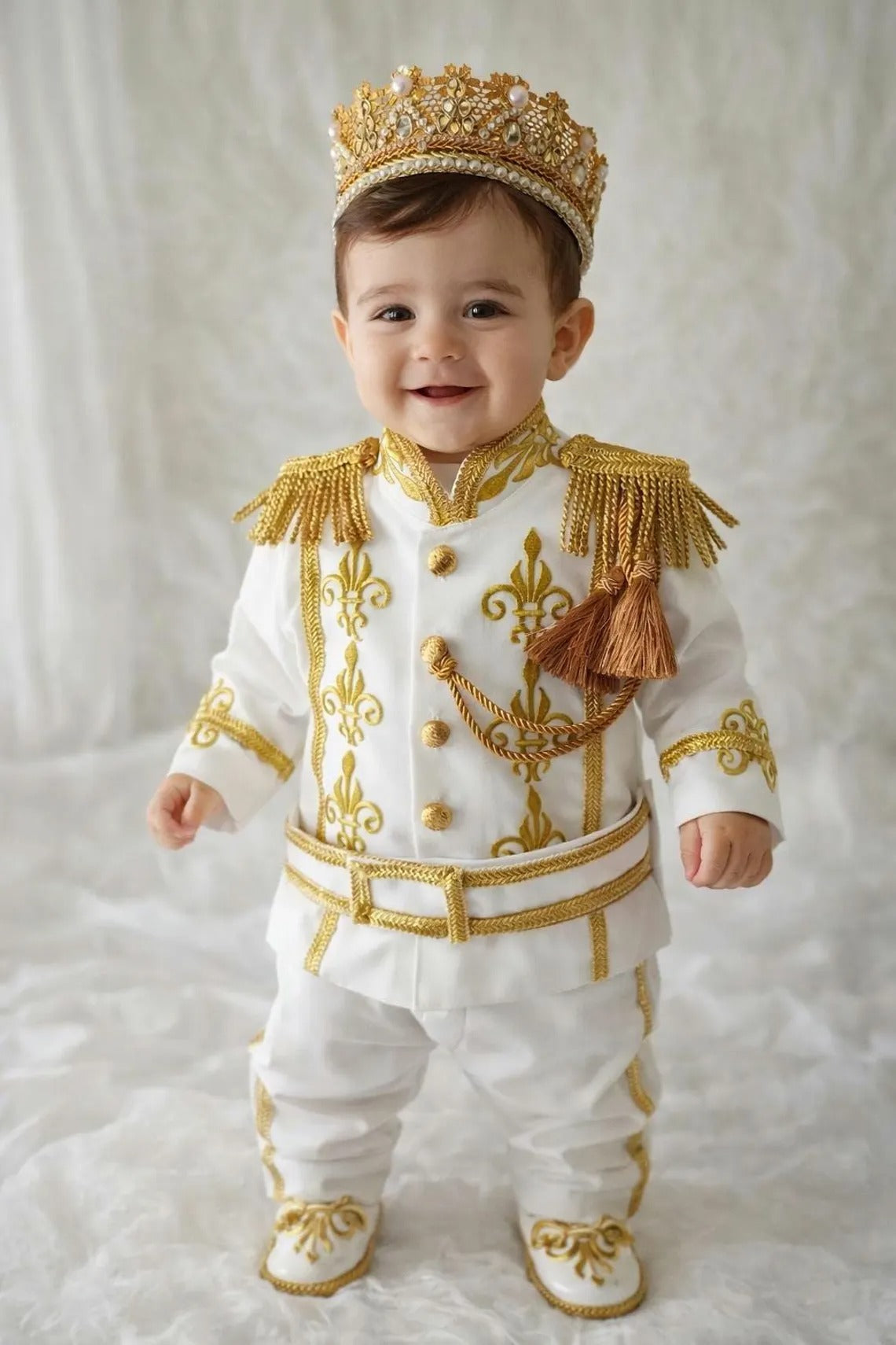 Boys White & Gold Personalized Baby Prince Costume, baby boy first birthday outfit, additional product image 3 by Vowalisse