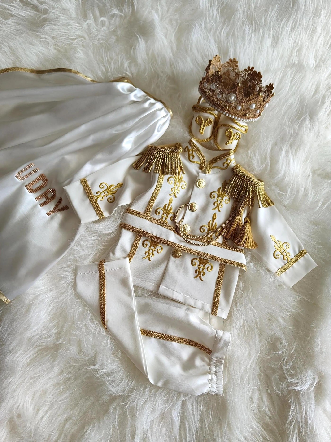 Boys White & Gold Personalized Baby Prince Costume, baby boy first birthday outfit, additional product image 4 by Vowalisse