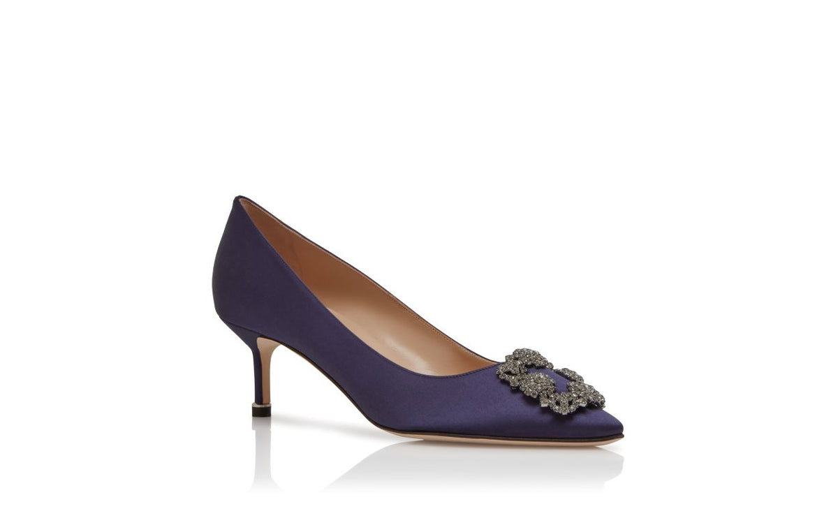 Aurelia Élan Blue Jewel Buckle Pumps – top view showing blue jewel buckle, crystal buckle, almond toe, satin, Vowalisse