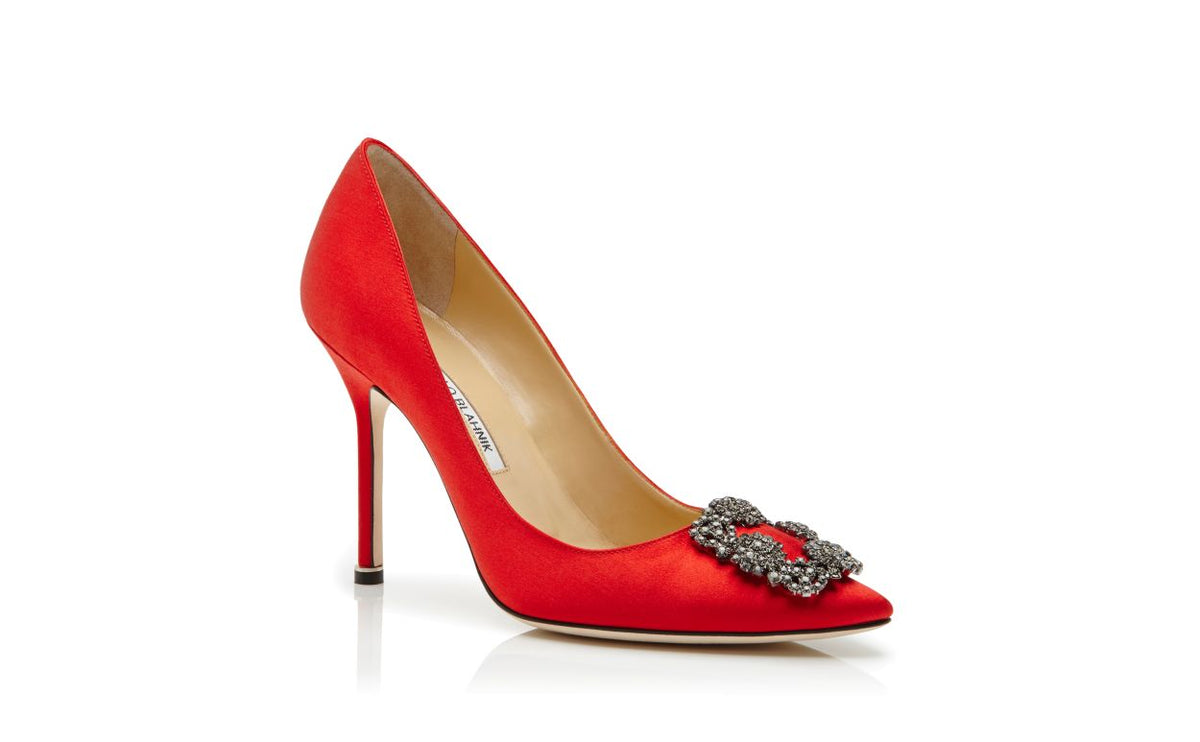 Leonora Belle Red Jewel Buckle Pumps – top view showing red jewel buckle, crystal buckle, almond toe, satin, Vowalisse