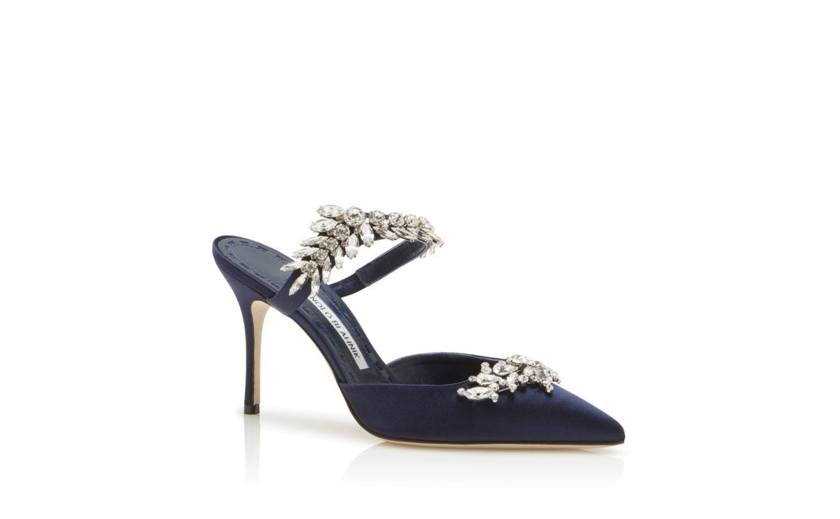 Anastasia Crown Blue Crystal Embellished Mules – top view showing blue crystal embellished, pointed toe, satin, Vowalisse