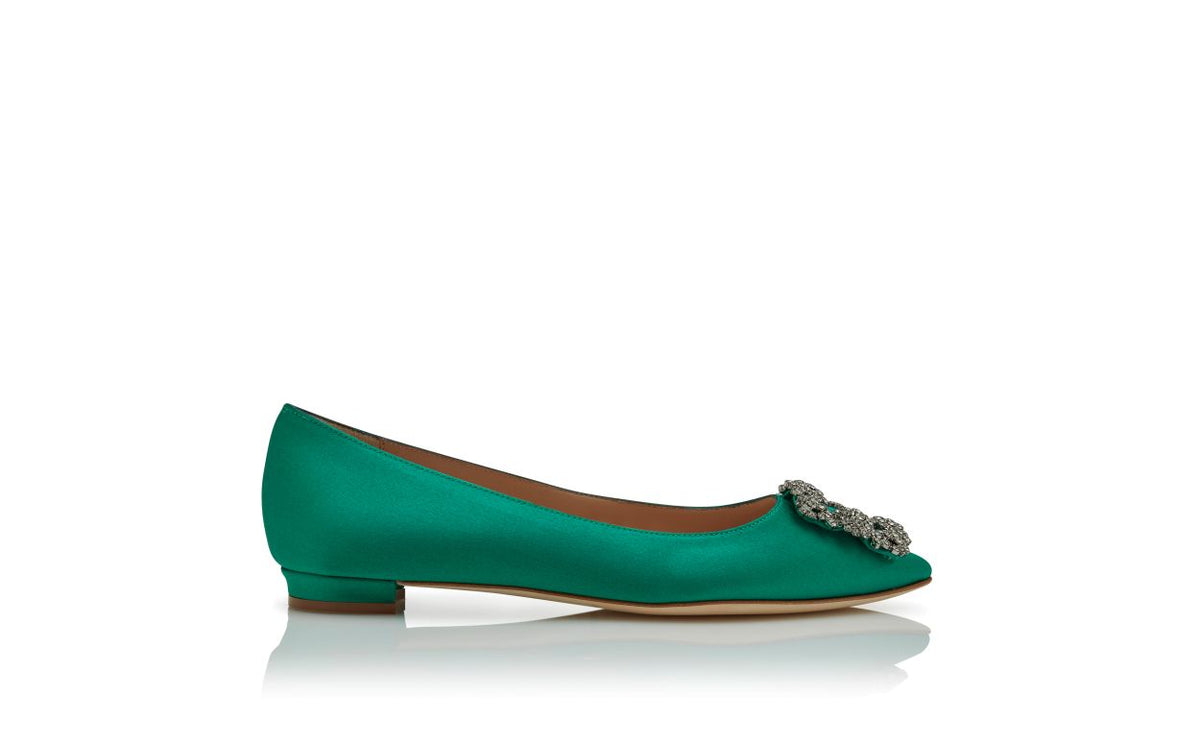 Rosalie Crown Green Jewel Buckle Pumps – side profile showing green jewel buckle, crystal buckle, almond toe, satin…