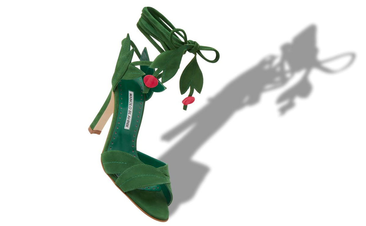 Isadora Halo Green Open Toe Ankle-Strap Shoes – front three-quarter view showing green open toe, suede, lace, Vowalisse
