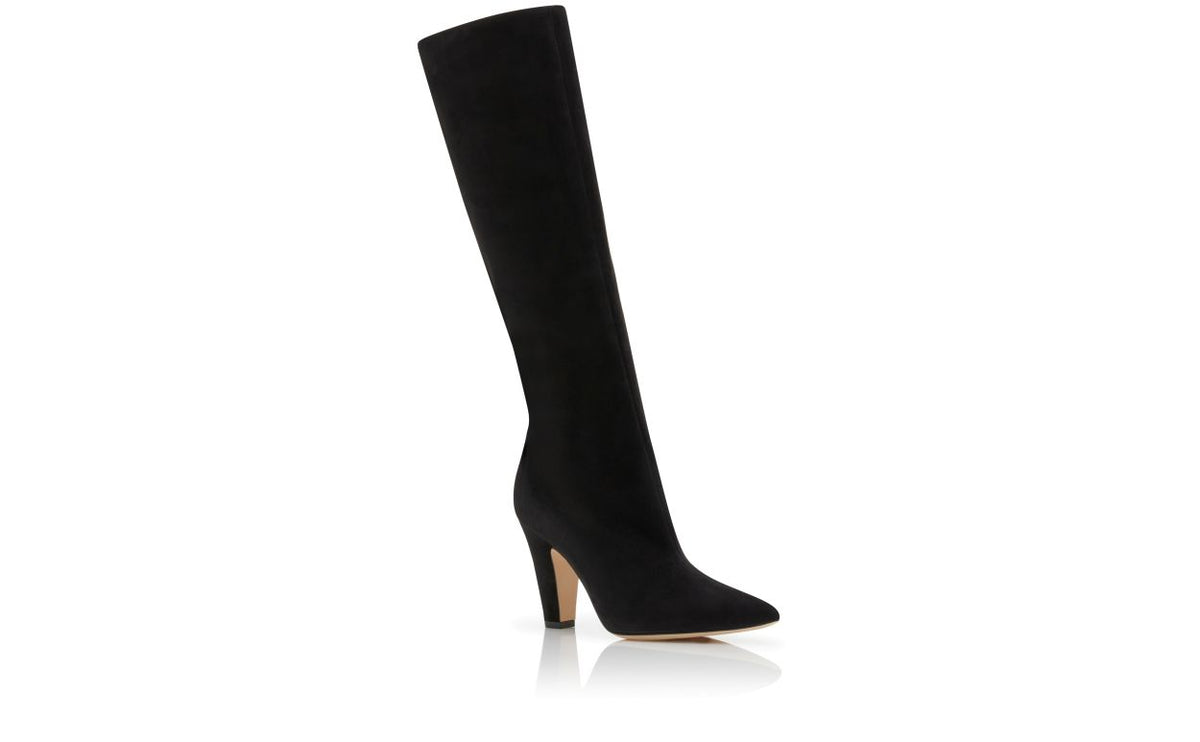 Arabella Grace Black Pointed Toe Knee-High Boots – top view showing black pointed toe, suede, Vowalisse