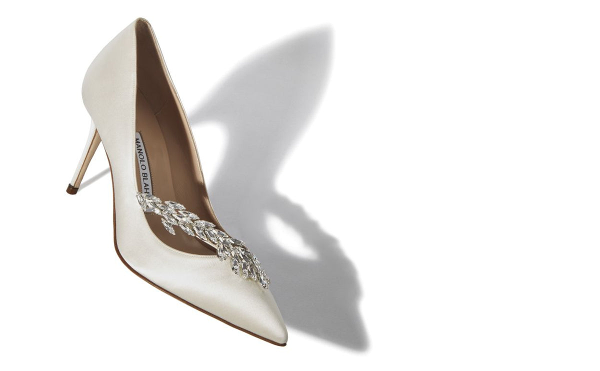 Alessia Belle White Jewel Buckle Pumps – front three-quarter view showing white jewel buckle, pointed toe, satin, Vowalisse