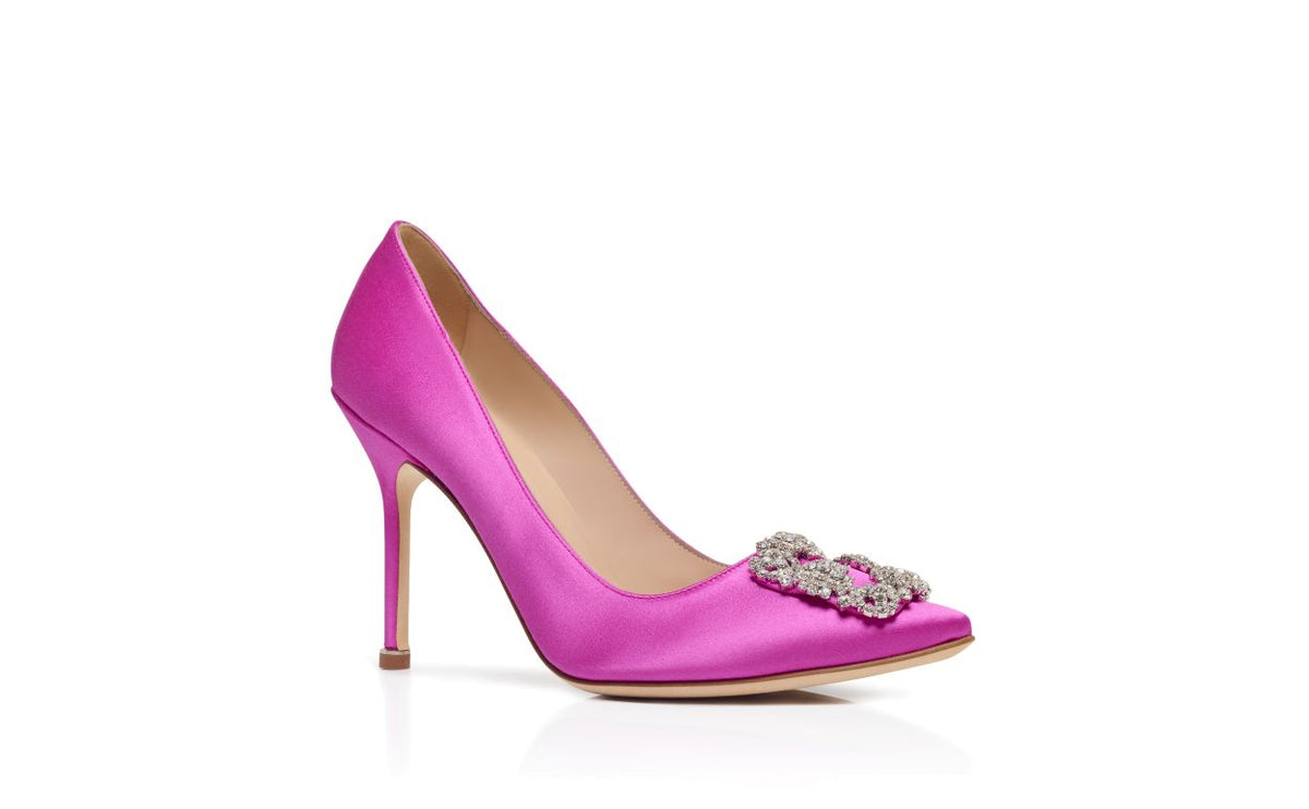 Aurelia Lace Pink Jewel Buckle Pumps – top view showing pink jewel buckle, almond toe, satin, Vowalisse