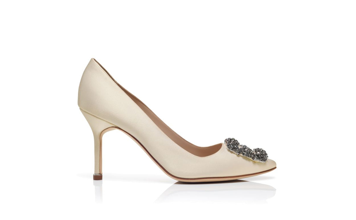 Celeste Star Neutral Jewel Buckle Pumps – side profile showing neutral jewel buckle, crystal buckle, almond toe, satin…