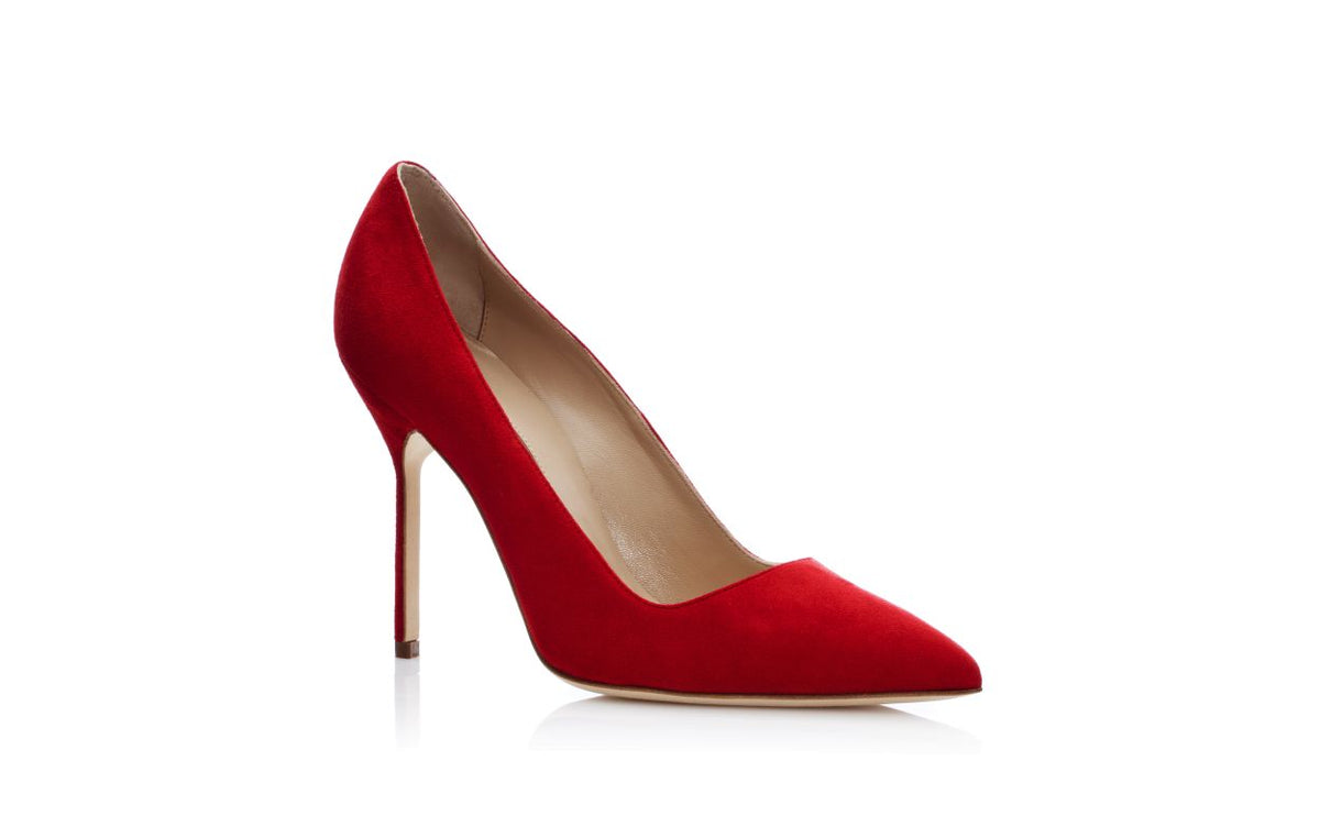Lunette Bloom Red Pointed Toe Pumps – top view showing red pointed toe, suede, Vowalisse