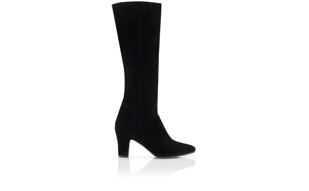 Alessia Dream Black Almond Toe Knee-High Boots – side profile showing black almond toe, suede, Vowalisse