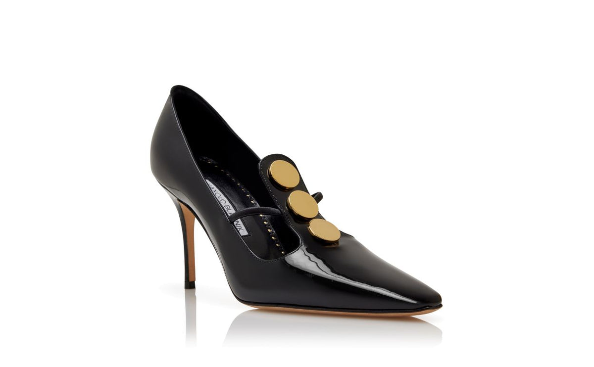 Aurelia Velvet Black Button Detail T-Bar Shoes – top view showing black button detail, almond toe, patent leather…