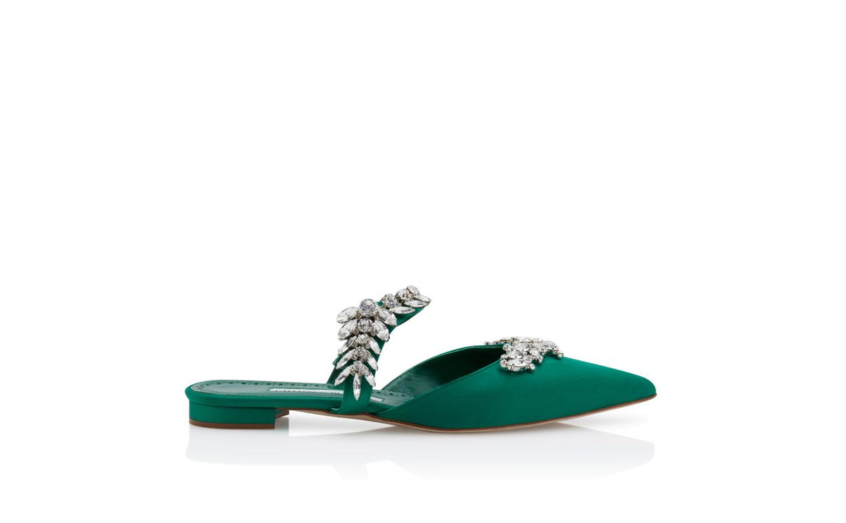 Isadora Grace Green Crystal Embellished Mules – side profile showing green crystal embellished, satin, Vowalisse