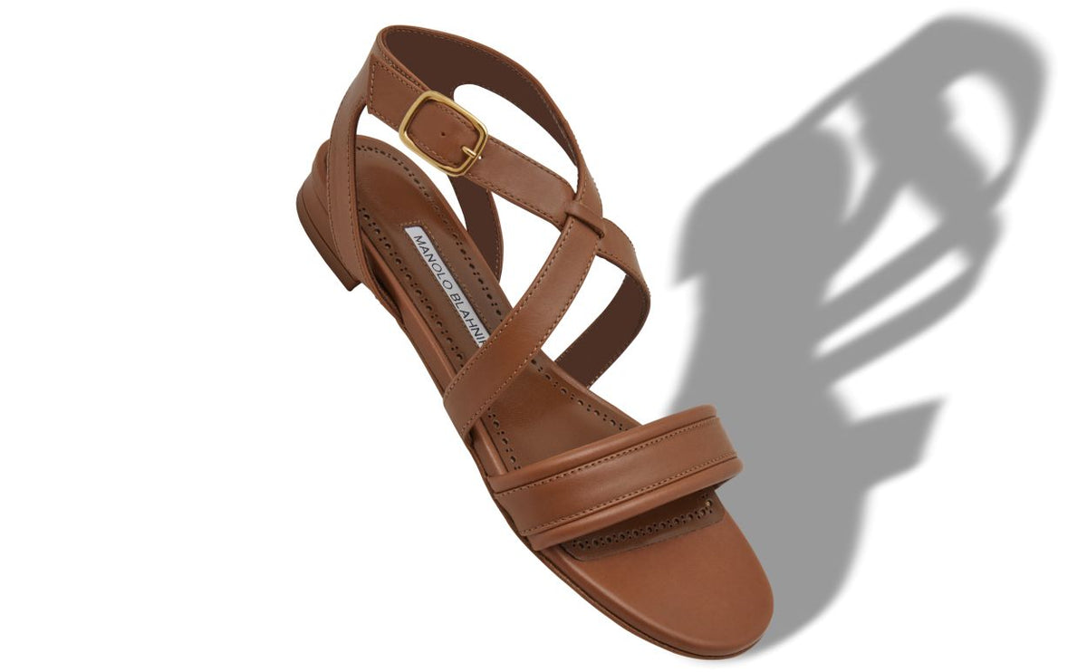 Genevieve Star Brown Crossover Ankle-Strap Shoes – front three-quarter view showing brown crossover, ankle strap, open toe…
