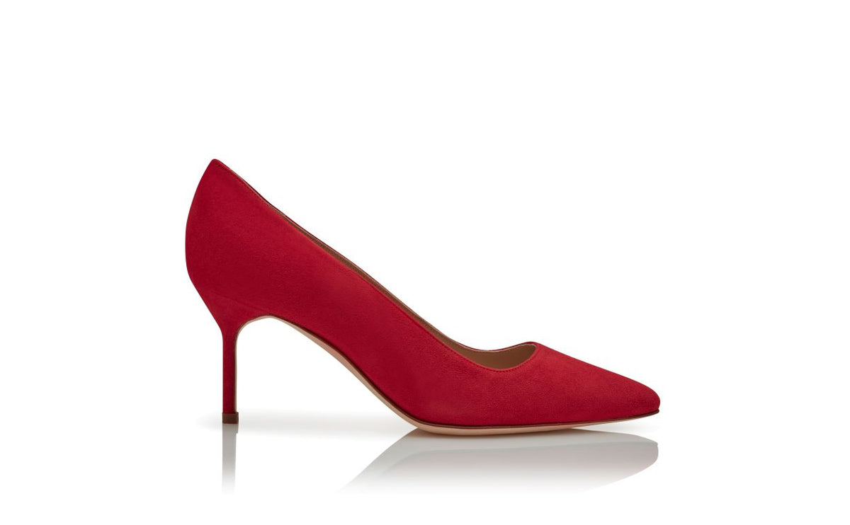 Alessia Bloom Red Pointed Toe Pumps – side profile showing red pointed toe, suede, Vowalisse