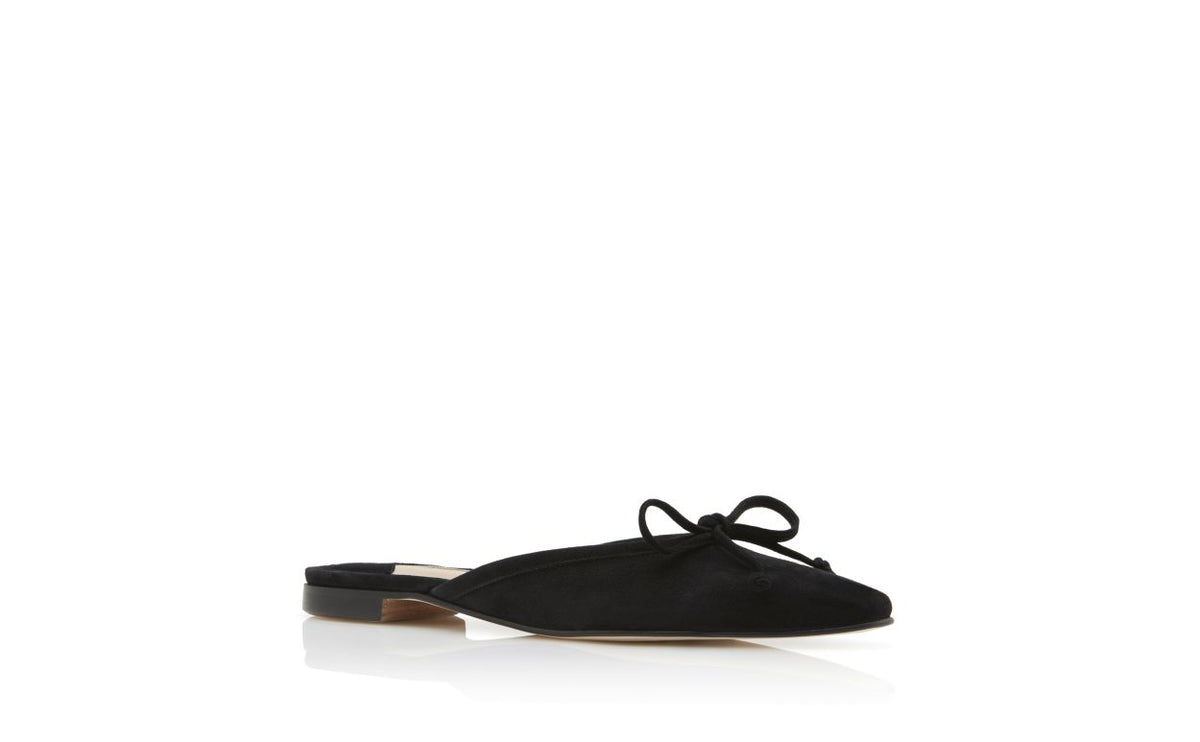 Seraphina Bloom Black Almond Toe Mules – top view showing black almond toe, suede, lace, Vowalisse